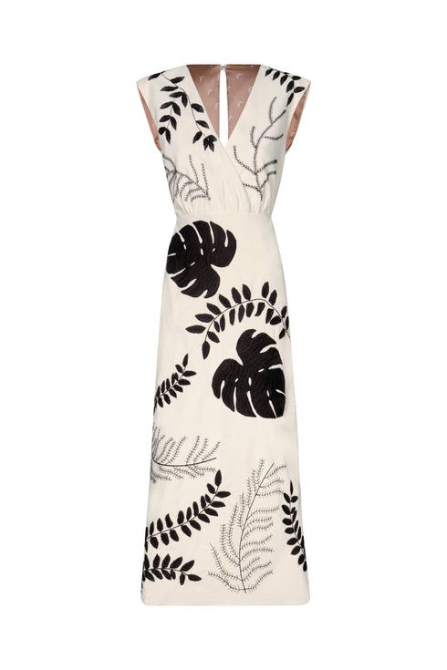 Gualanday Canvas Hand Embroidered Midi Dress / Ecru Black